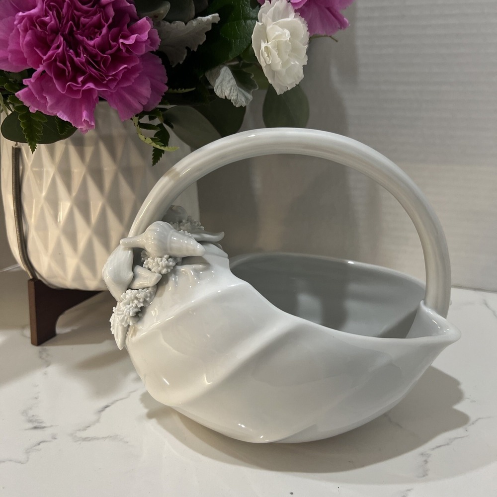 Fitz & Floyd White Porcelain Seashells Conch Bowl Basket Dish Japan 1983 Vintage